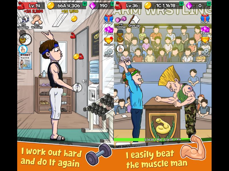 Tham gia cuộc chiến vật tay để trở thành người mạnh nhất trong Arm Wrestling Clicker