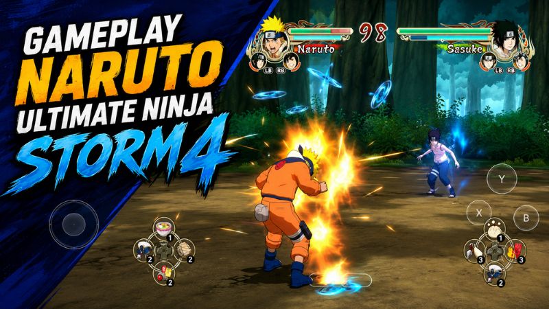 Tải Naruto Ultimate Ninja Storm 4 APK v1.2.9 Miễn Phí Cho Android 2 Màn hình giao chiến 3D giữa hai ninja, hiển thị thanh máu, chakra và nút điều khiển.
