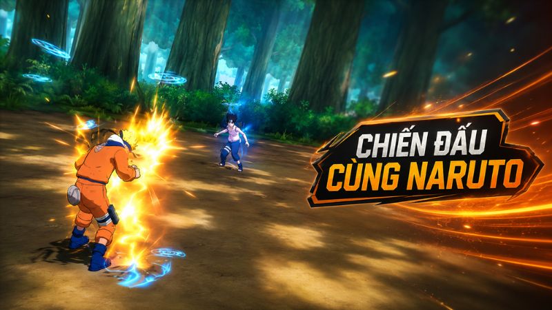 Tải Naruto Ultimate Ninja Storm 4 APK v1.2.9 Miễn Phí Cho Android 3 Một đội hình ba ninja đang đổi nhân vật giữa trận, có hiệu ứng hỗ trợ và cảnh nền làng Lá.