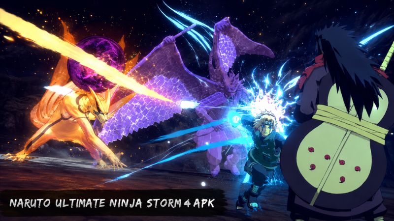 Tải Naruto Ultimate Ninja Storm 4 APK v1.2.9 Miễn Phí Cho Android 1 Naruto và Sasuke đối đầu trên chiến trường rộng, hiệu ứng chakra nổi bật, góc máy thể hiện quy mô trận chiến.