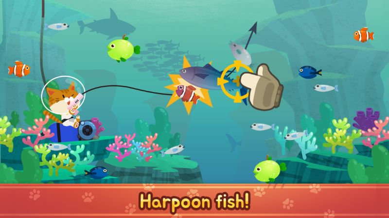 Tải Hack The Fishercat (Vô Hạn Tiền) v4.3.10 2 Ngắm hướng và phóng lao vào đàn cá trong gameplay The Fishercat